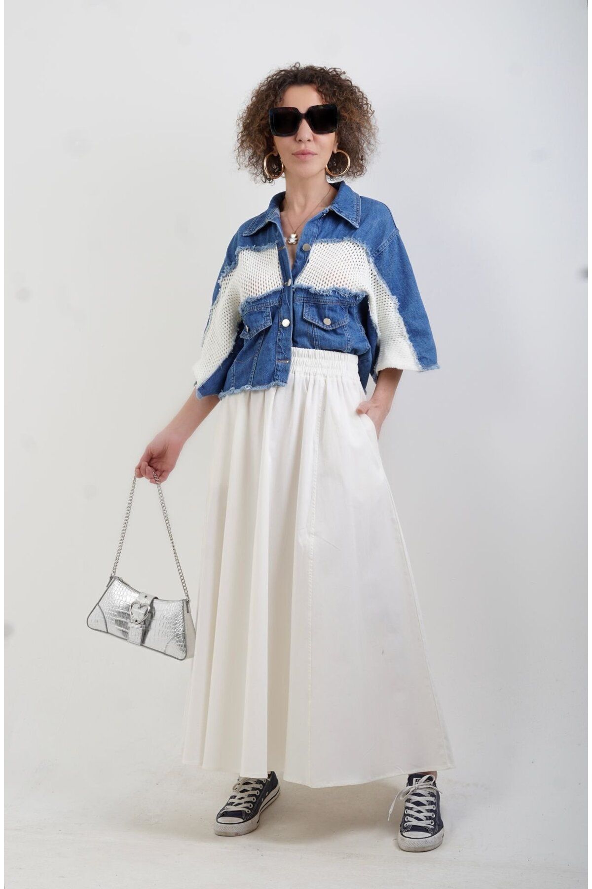 Mavi Ekru Triko Detaylı Denim Ceket Mavi Ekru Triko Detaylı Denim Ceket