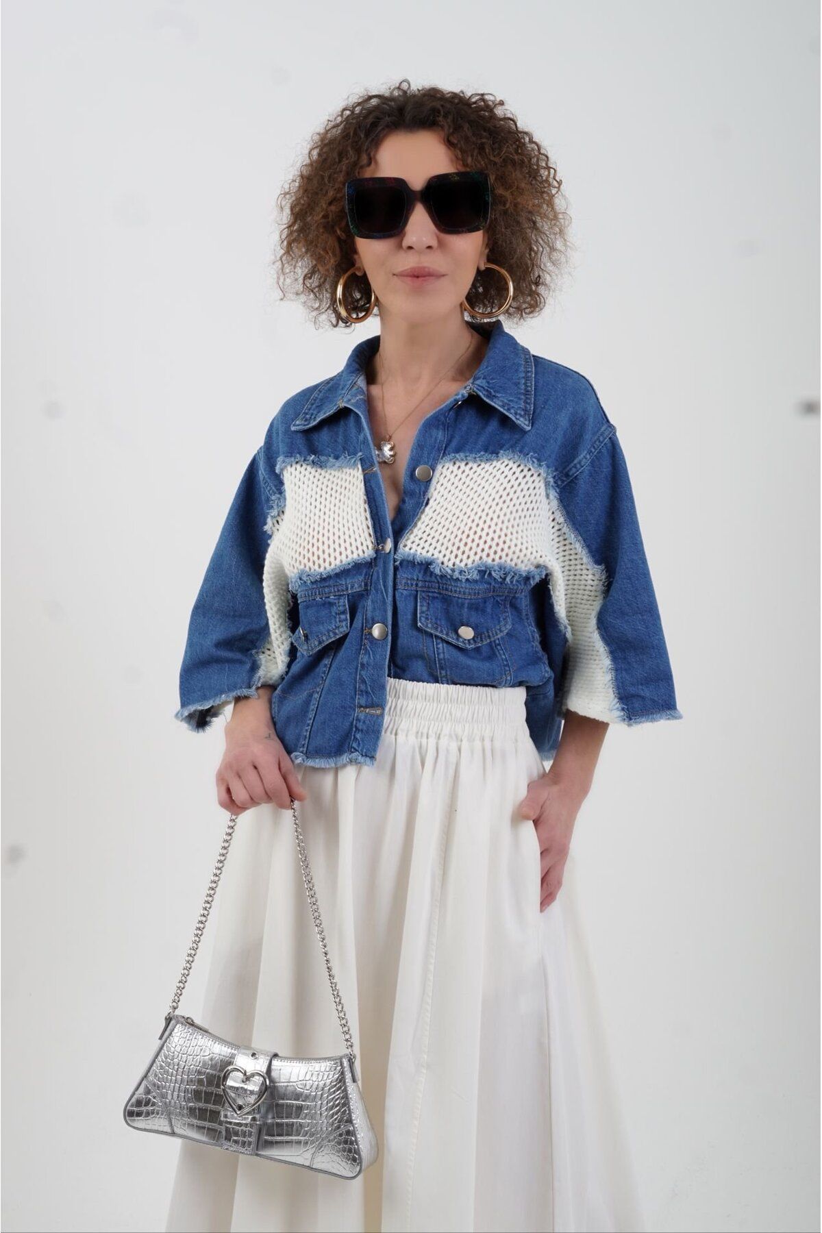 Mavi Ekru Triko Detaylı Denim Ceket Mavi Ekru Triko Detaylı Denim Ceket