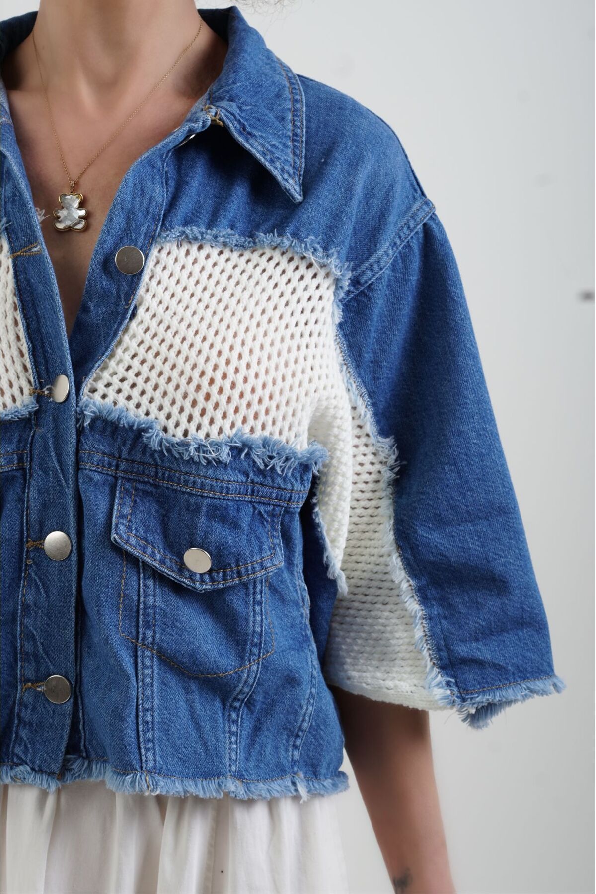 Mavi Ekru Triko Detaylı Denim Ceket Mavi Ekru Triko Detaylı Denim Ceket