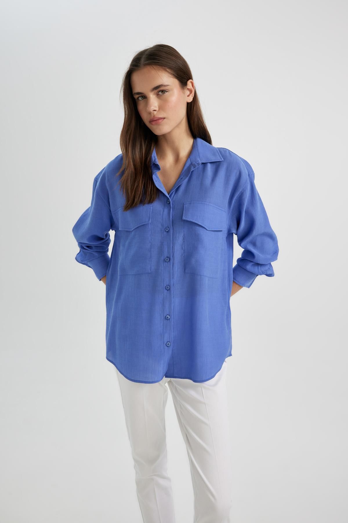 Oversize Fit Cep Detaylı Krinkıl Kumaş Uzun Kollu Gömlek C3165ax24sp Oversize Fit Cep Detaylı Krinkıl Kumaş Uzun Kollu Gömlek C3165ax24sp