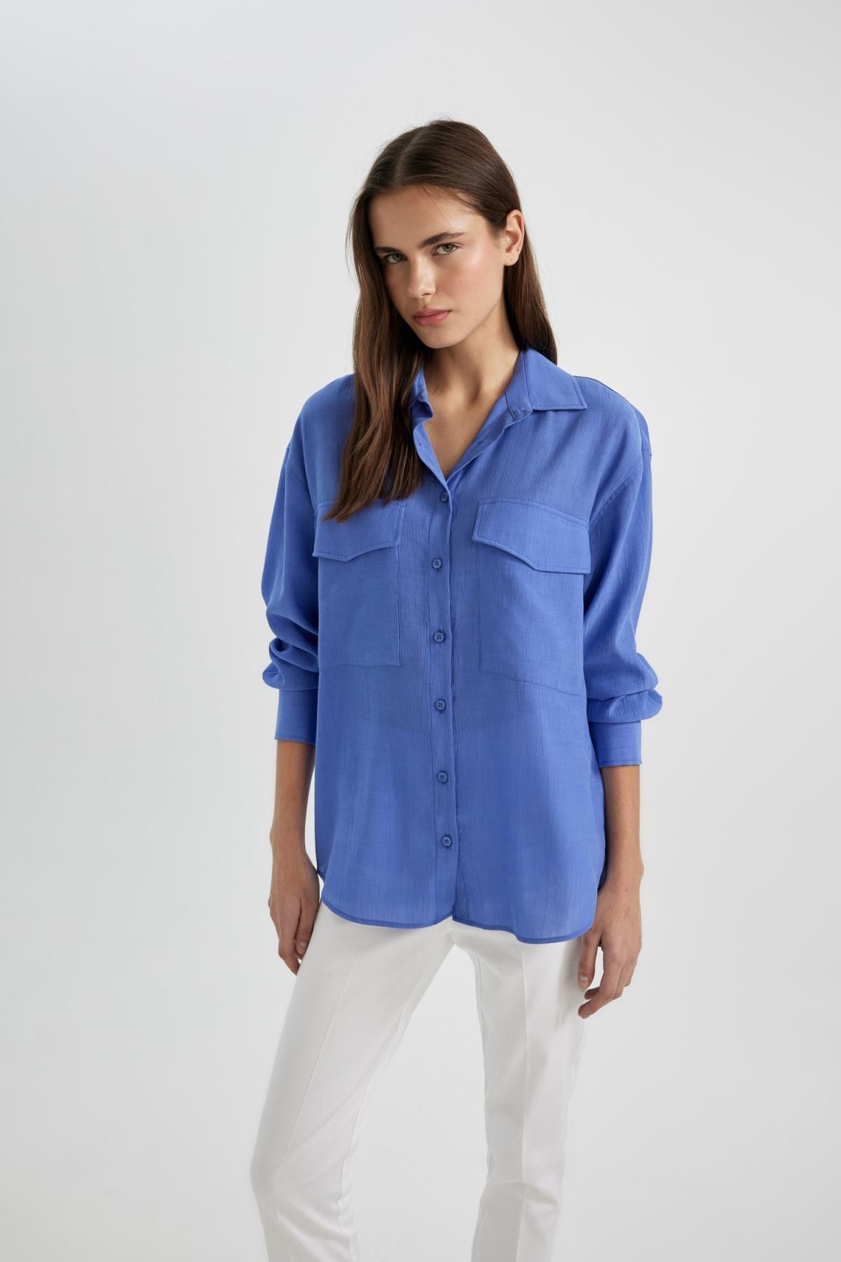 Oversize Fit Cep Detaylı Krinkıl Kumaş Uzun Kollu Gömlek C3165ax24sp Oversize Fit Cep Detaylı Krinkıl Kumaş Uzun Kollu Gömlek C3165ax24sp