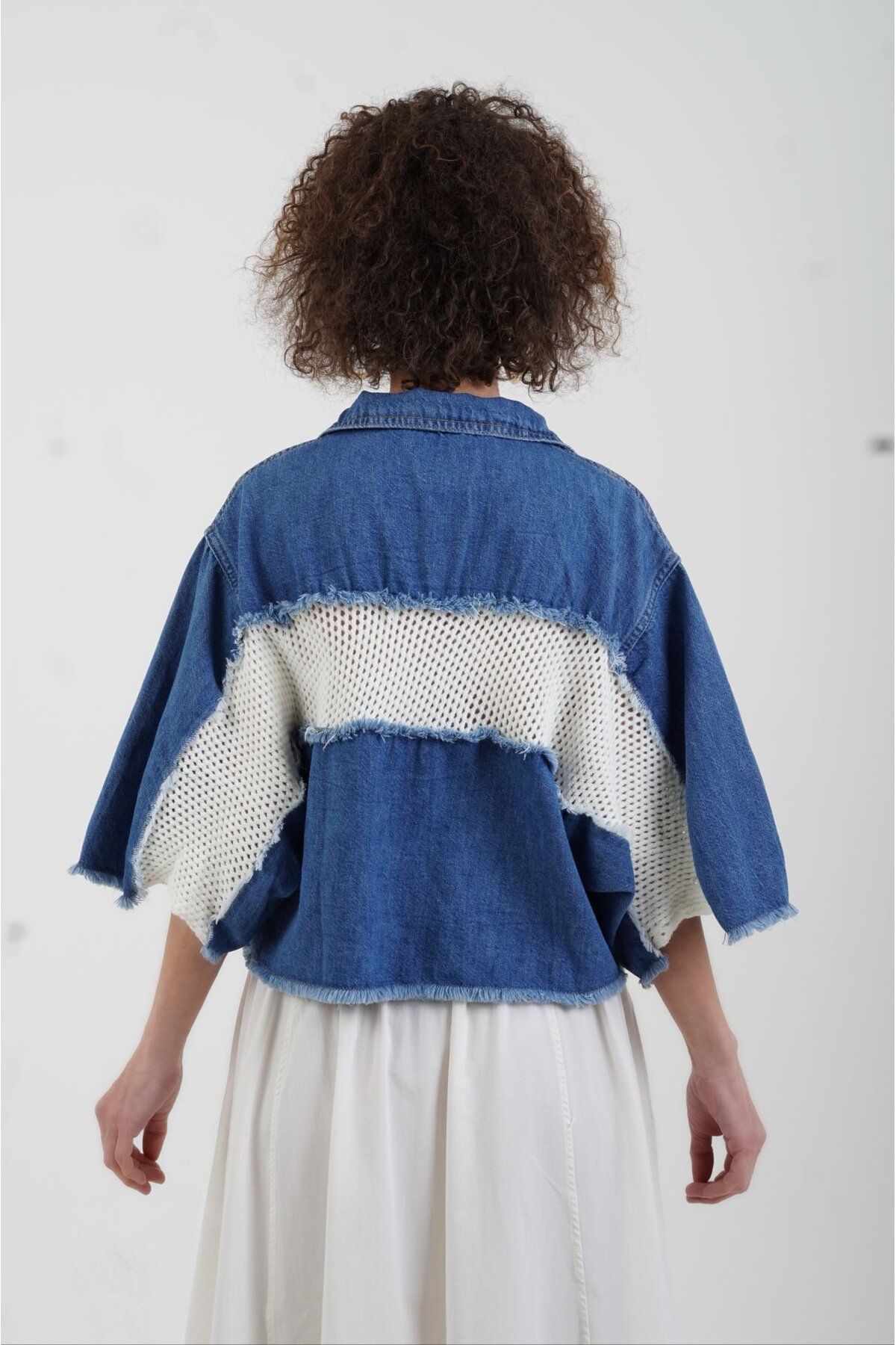 Mavi Ekru Triko Detaylı Denim Ceket Mavi Ekru Triko Detaylı Denim Ceket