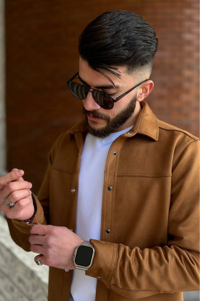 Slimfit Kesim Erkek Duz Desen Süet Gömlek-KAHVE