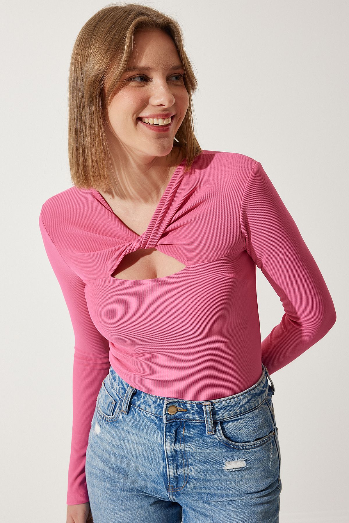 Kadın Pembe Cut Out Detaylı Fitilli Örme Bluz SF00005 Kadın Pembe Cut Out Detaylı Fitilli Örme Bluz SF00005
