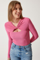 Kadın Pembe Cut Out Detaylı Fitilli Örme Bluz SF00005 Kadın Pembe Cut Out Detaylı Fitilli Örme Bluz SF00005
