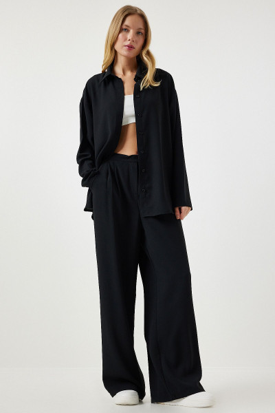 Kadın Siyah Mevsimlik Dokuma Gömlek Palazzo Pantolon Takım RV00174 Kadın Siyah Mevsimlik Dokuma Gömlek Palazzo Pantolon Takım RV00174