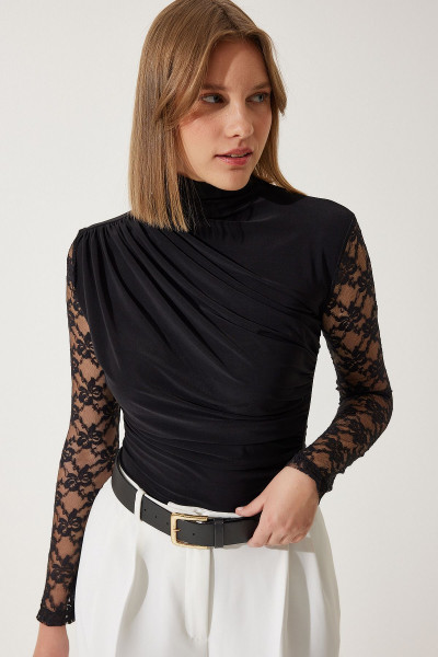 Kadın Siyah Dantel Kollu Büzgülü Örme Bluz FF00164