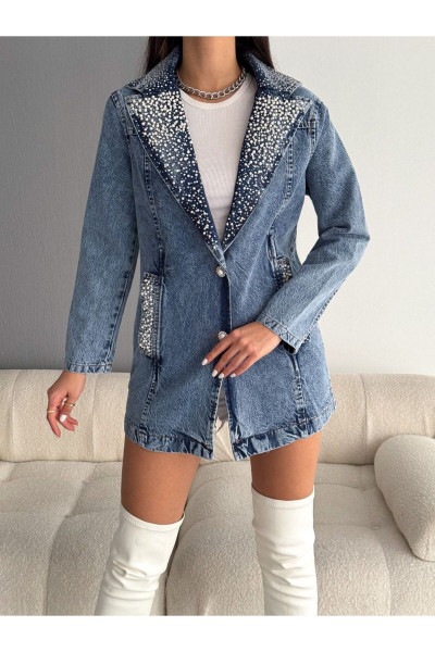 OREO Jeans Kadın Yaka ve Cepleri İnci ve Taş İşlemeli Denim Ceket OREO Jeans Kadın Yaka ve Cepleri İnci ve Taş İşlemeli Denim Ceket