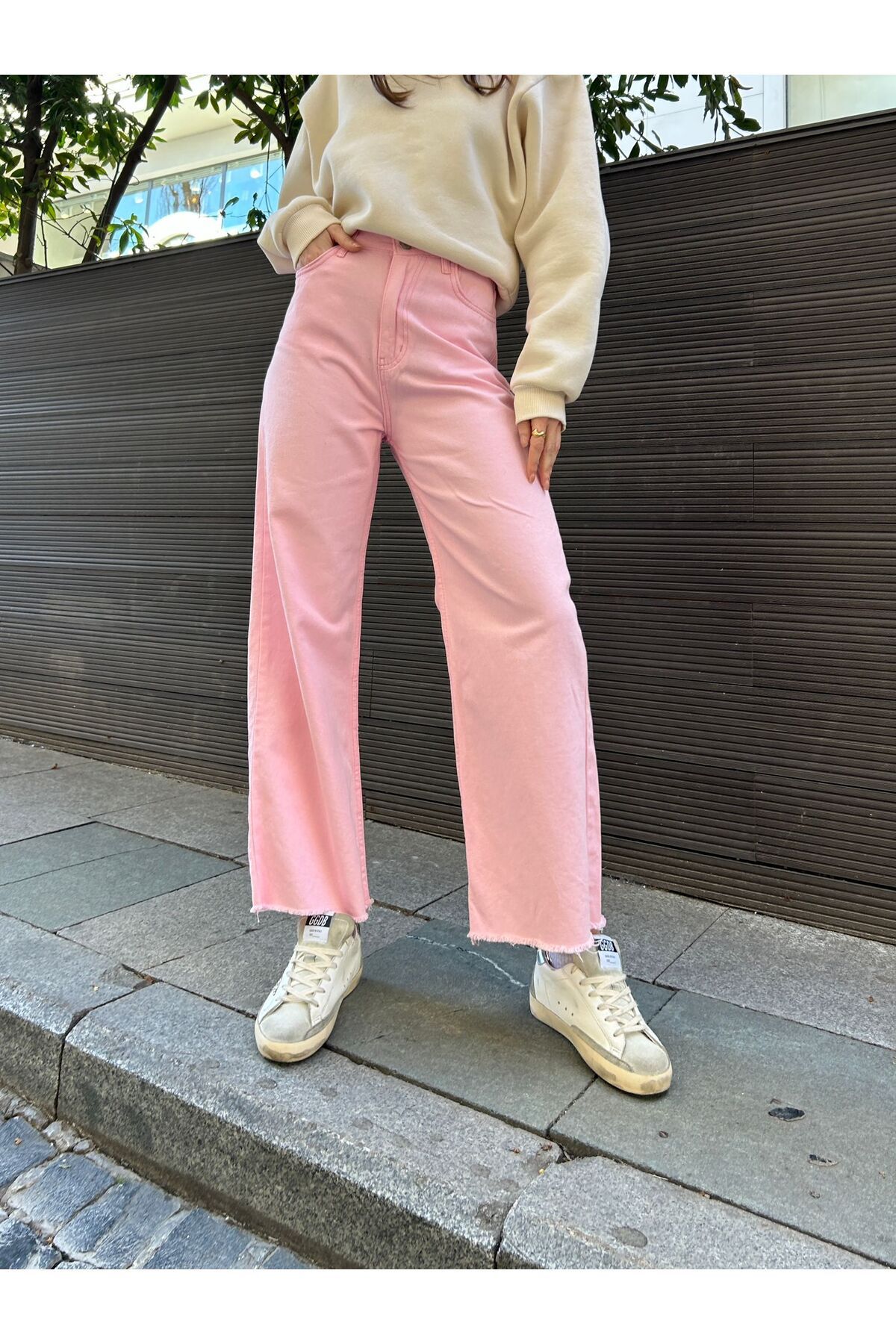 krem Bol Paça Jean Palazzo Kot Pantolon krem Bol Paça Jean Palazzo Kot Pantolon