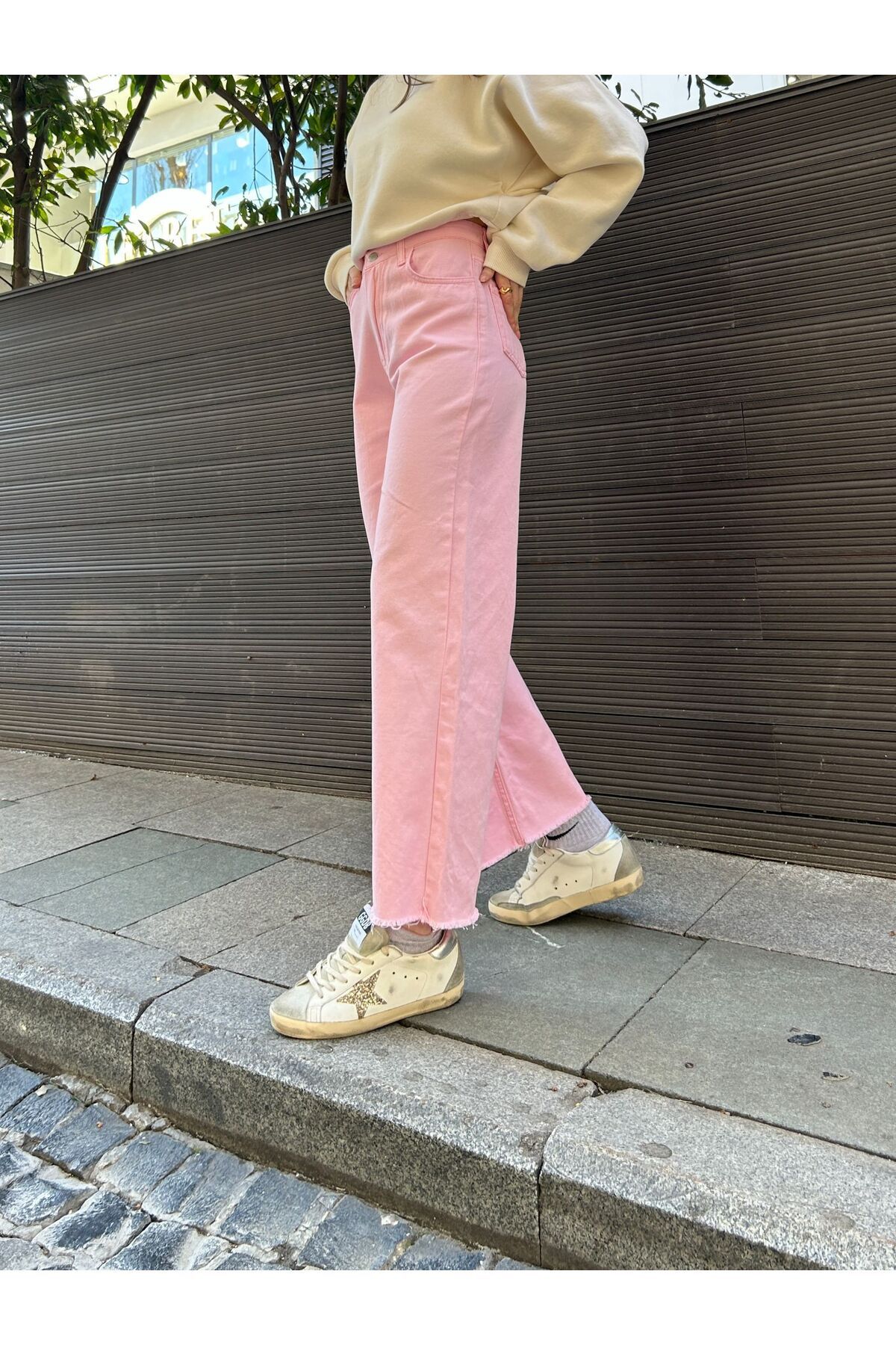 krem Bol Paça Jean Palazzo Kot Pantolon krem Bol Paça Jean Palazzo Kot Pantolon