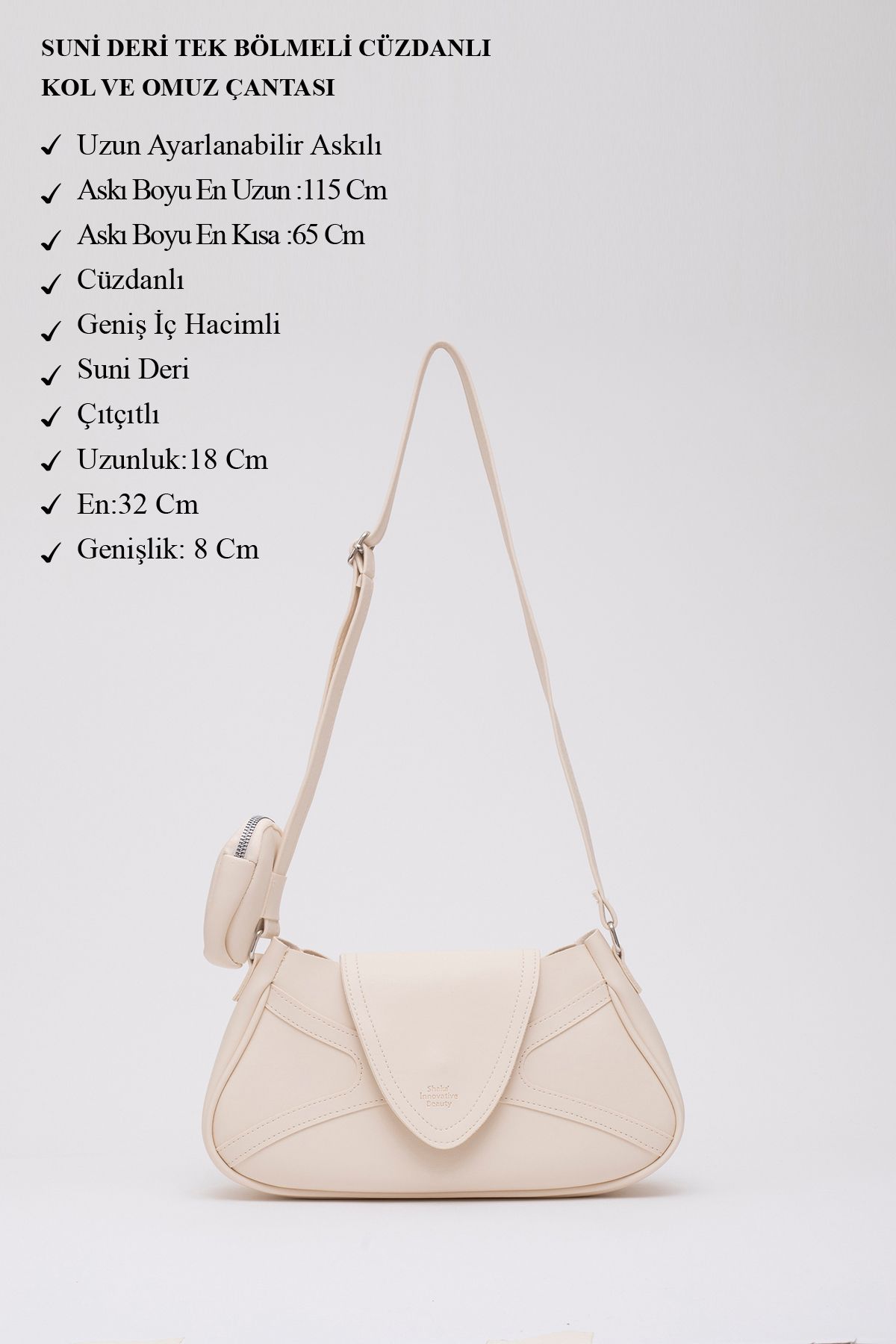 Krem Shk96 Suni Deri Tek Bölmeli Cüzdanlı Kol ve Omuz Çantası U:18 E:32 G:8 cm Krem Shk96 Suni Deri Tek Bölmeli Cüzdanlı Kol ve Omuz Çantası U:18 E:32 G:8 cm
