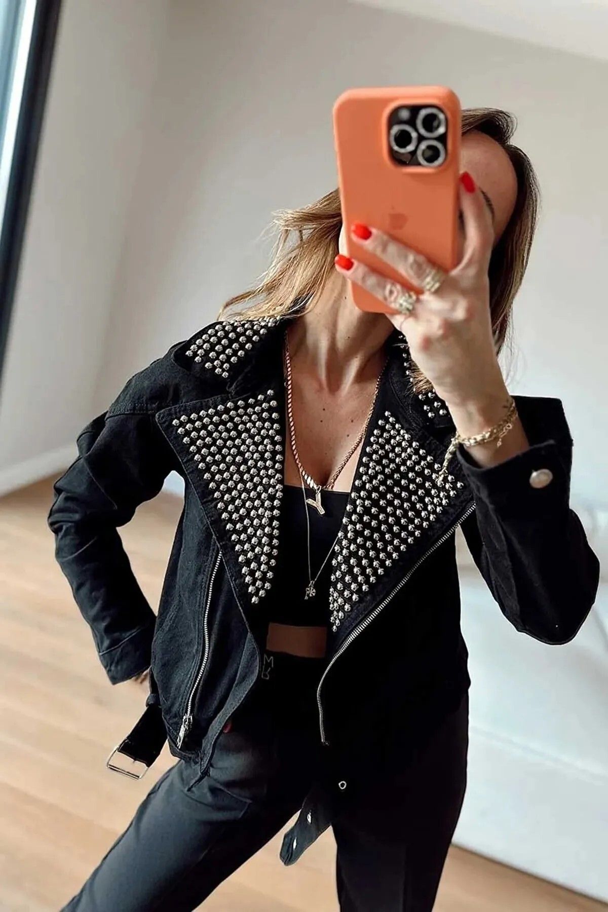 Yakası Taşlı Çapraz Kapama Biker Kot Ceket Yakası Taşlı Çapraz Kapama Biker Kot Ceket