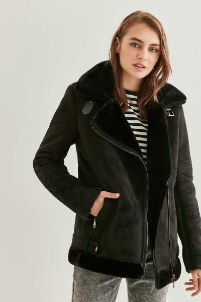 Siyah Süet Suni Kürk Detaylı Uzun Biker Ceket Siyah Süet Suni Kürk Detaylı Uzun Biker Ceket