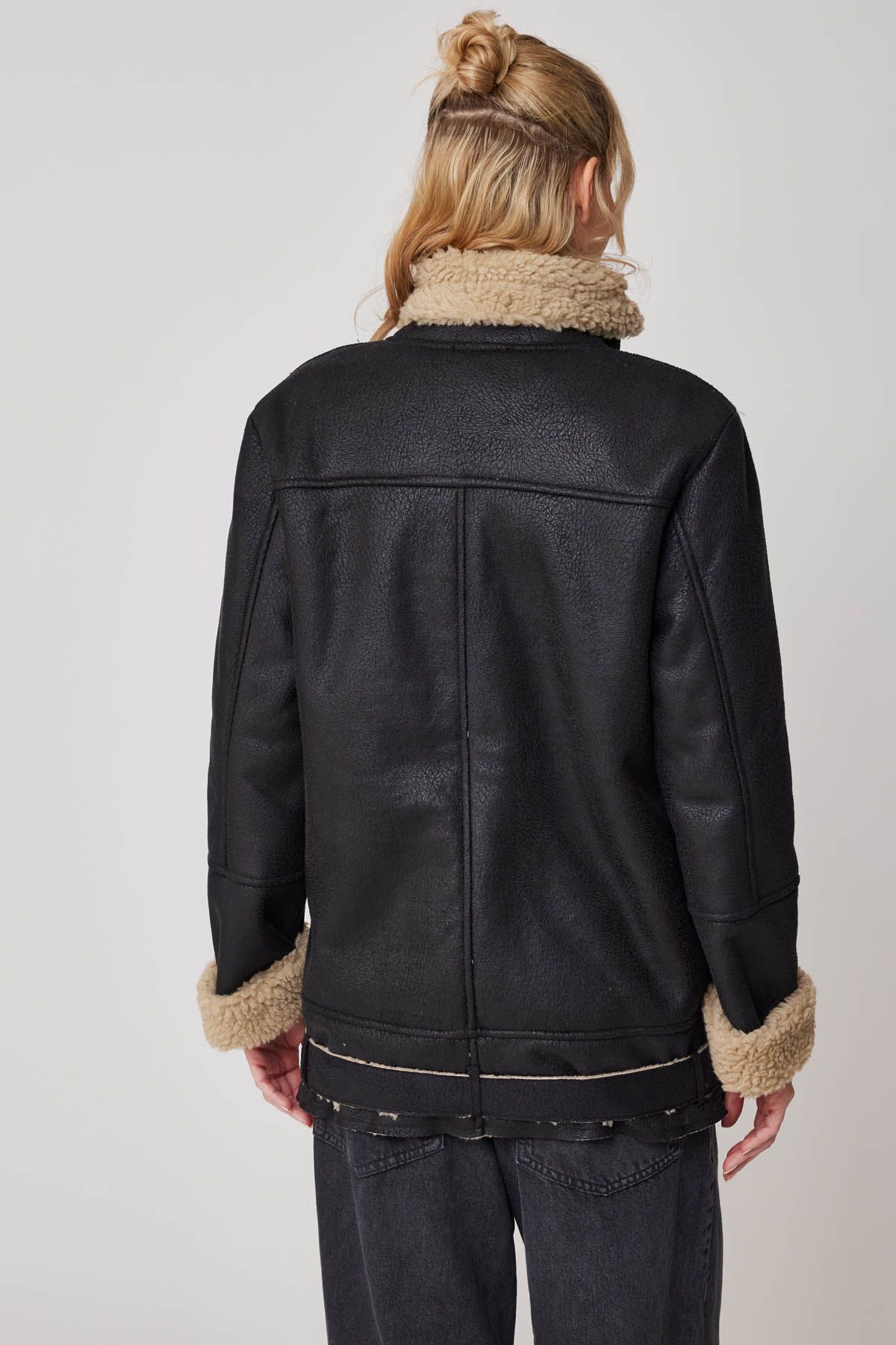 Suni Deri İçi Kürk Detaylı Uzun Biker Ceket