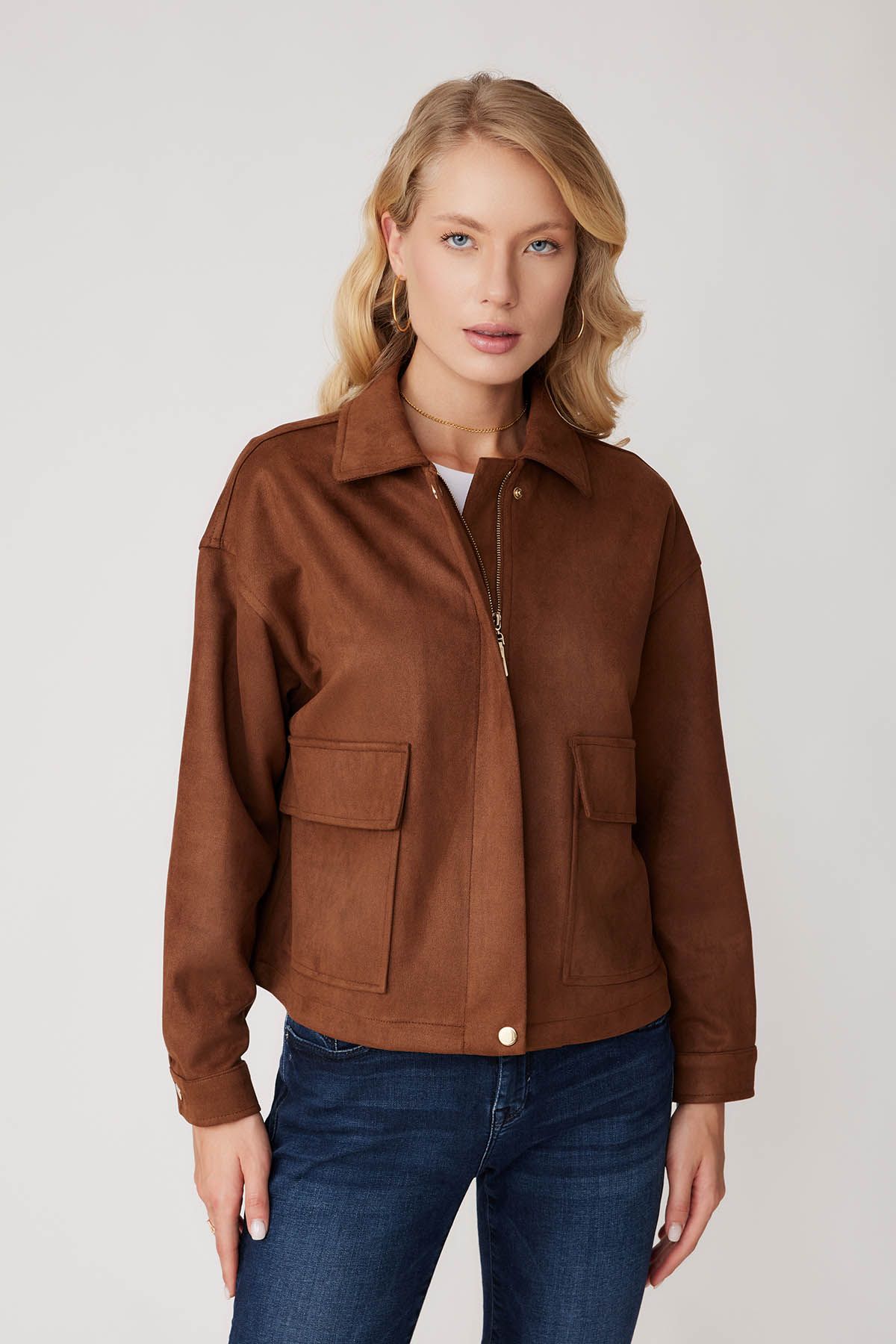 Kapak Cepli Fermuarlı Süet Ceket Kapak Cepli Fermuarlı Süet Ceket