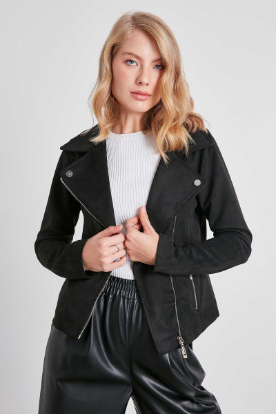 Kelebek Yaka Suni Süet Biker Ceket