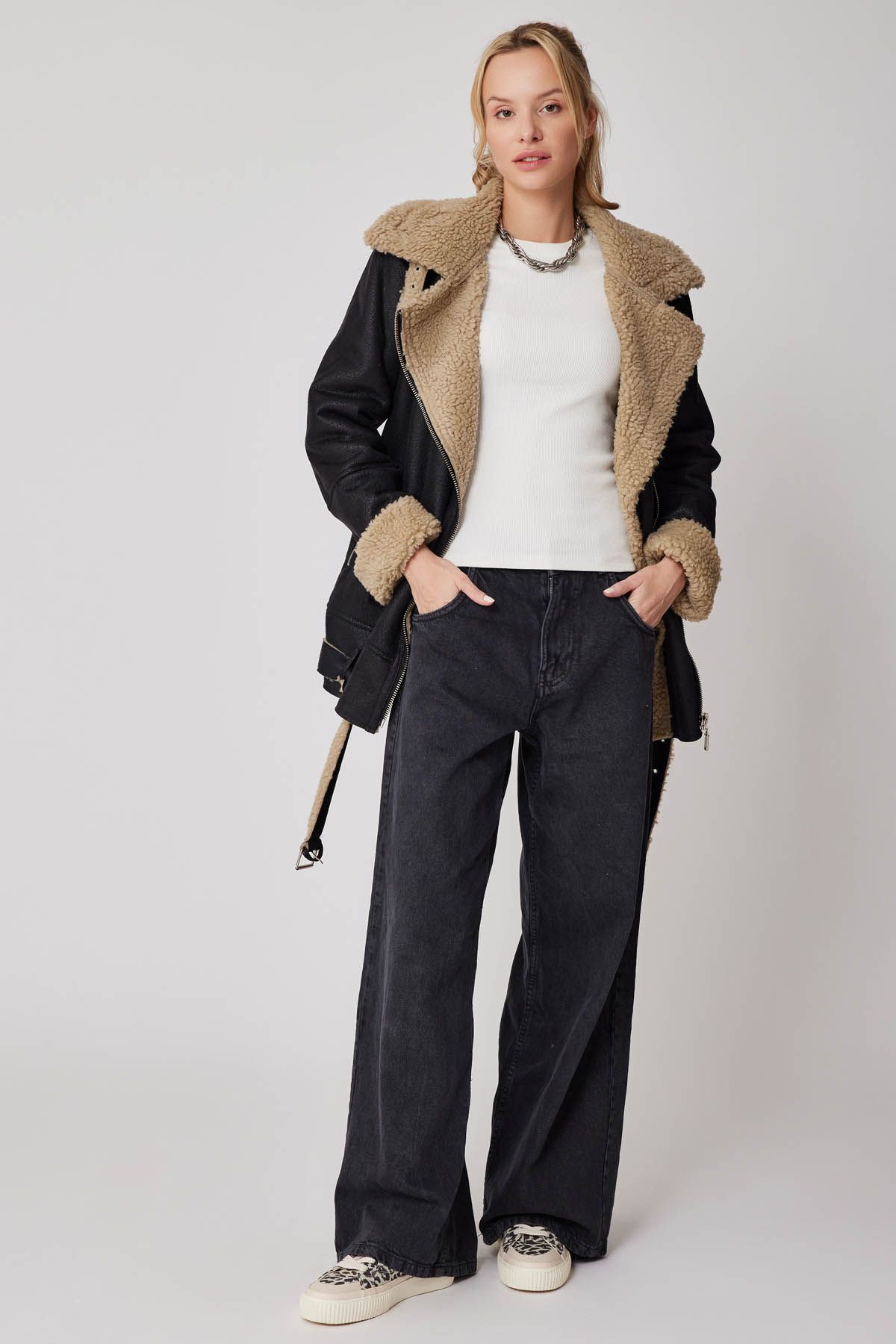 Suni Deri İçi Kürk Detaylı Uzun Biker Ceket