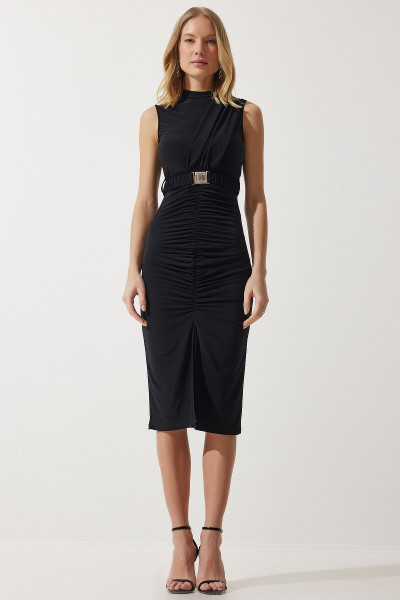 Kadın Siyah Kemerli Büzgülü Saran Örme Elbise DE00031 Kadın Siyah Kemerli Büzgülü Saran Örme Elbise DE00031