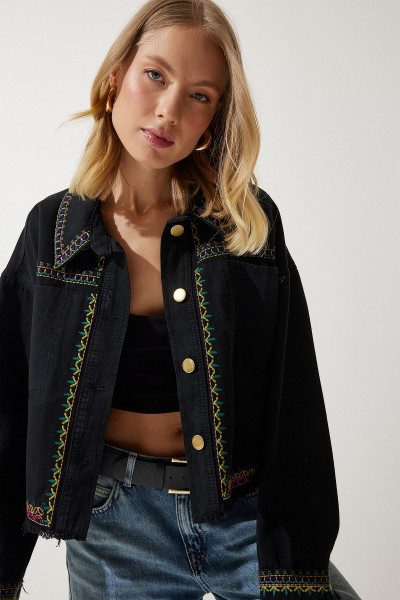 Kadın Siyah Nakışlı Püsküllü Oversize Denim Ceket SA00018 Kadın Siyah Nakışlı Püsküllü Oversize Denim Ceket SA00018