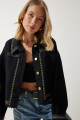 Kadın Siyah Nakışlı Püsküllü Oversize Denim Ceket SA00018 Kadın Siyah Nakışlı Püsküllü Oversize Denim Ceket SA00018