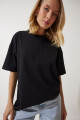 Kadın Siyah Bisiklet Yaka Basic Oversize Örme T-Shirt BF00091