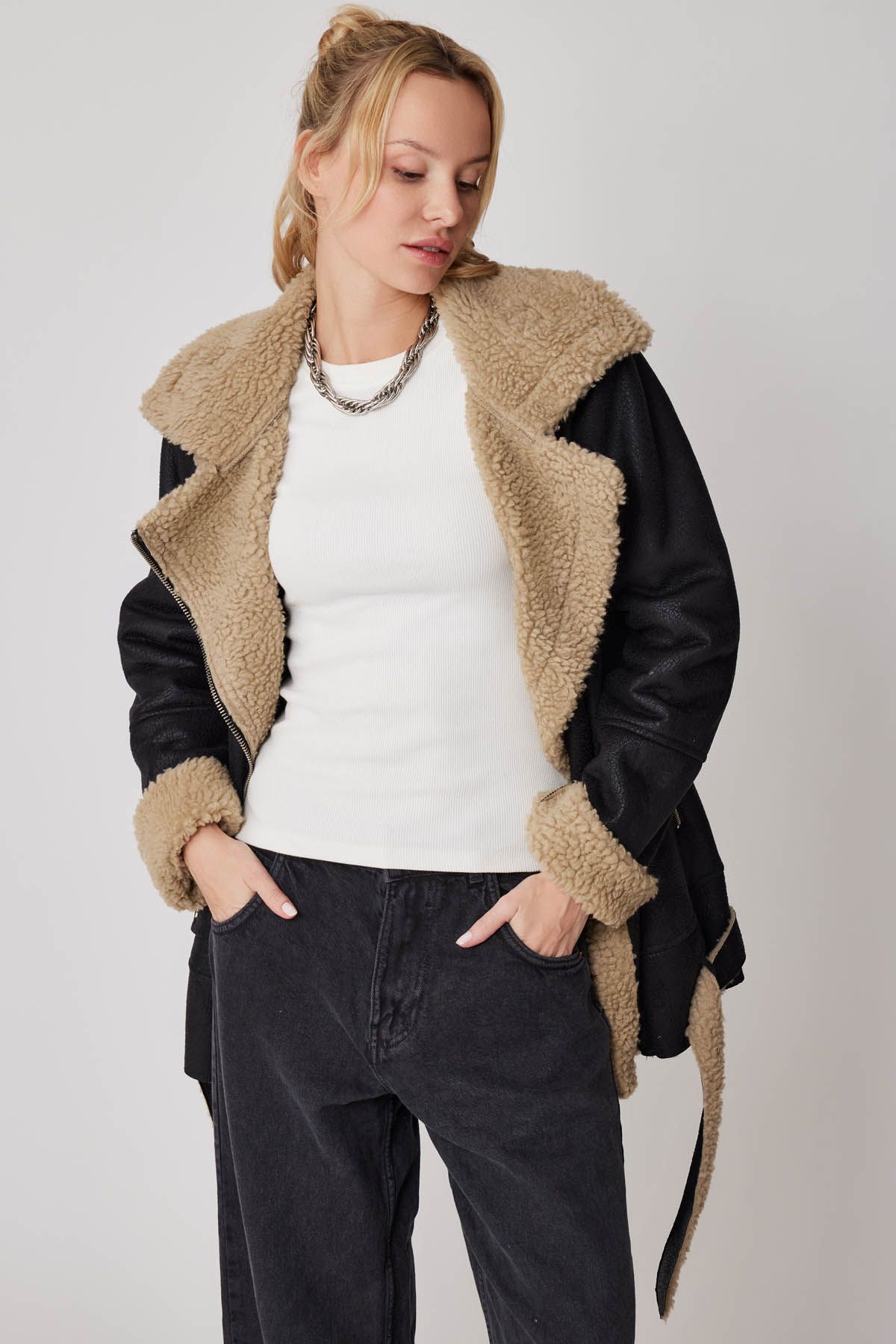Suni Deri İçi Kürk Detaylı Uzun Biker Ceket