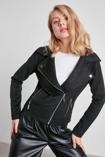 Kelebek Yaka Suni Süet Biker Ceket