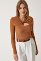Kadın Taba Cut Out Detaylı Fitilli Örme Bluz SF00005 Kadın Taba Cut Out Detaylı Fitilli Örme Bluz SF00005