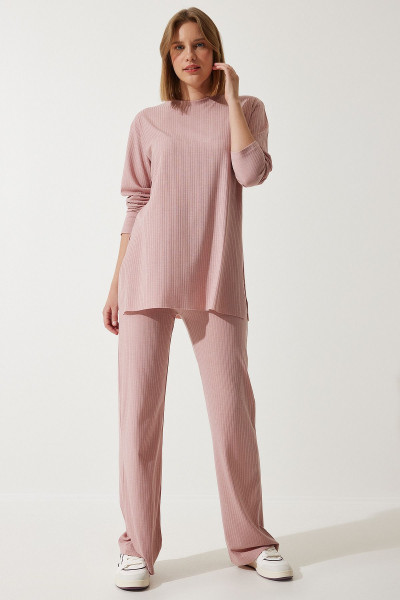 Kadın Pudra Fitilli Örme Bluz Pantolon Takım KH00088