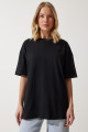 Kadın Siyah Bisiklet Yaka Basic Oversize Örme T-Shirt BF00091