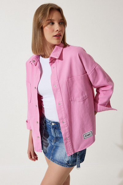 Kadın Pembe Cepli Oversize Gabardin Ceket RV00176