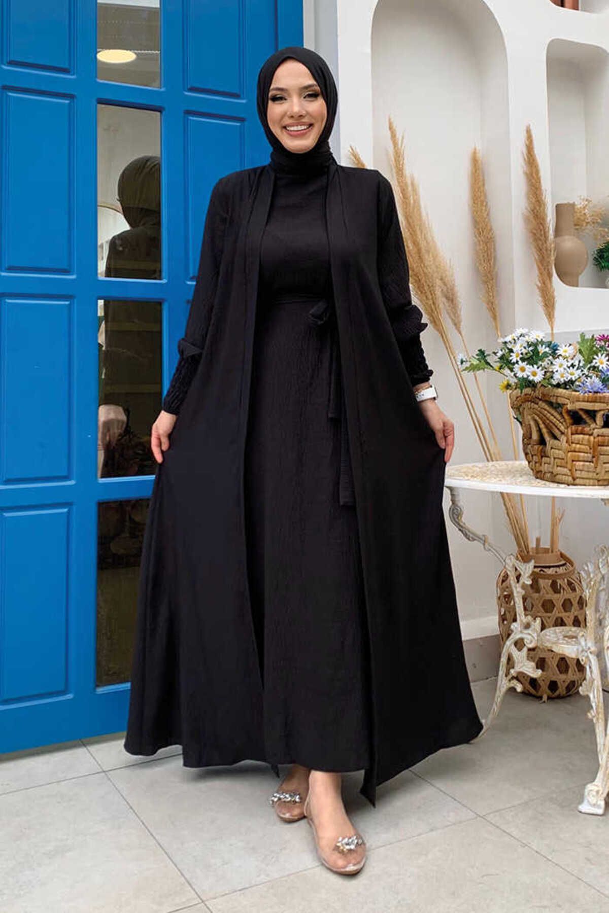 Şallı Elbiseli Abaya Takım 3883 Siyah Şallı Elbiseli Abaya Takım 3883 Siyah