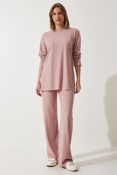 Kadın Pudra Fitilli Örme Bluz Pantolon Takım KH00088
