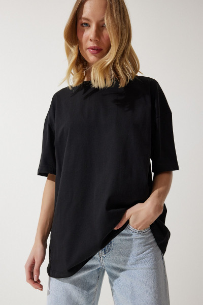 Kadın Siyah Bisiklet Yaka Basic Oversize Örme T-Shirt BF00091 Kadın Siyah Bisiklet Yaka Basic Oversize Örme T-Shirt BF00091