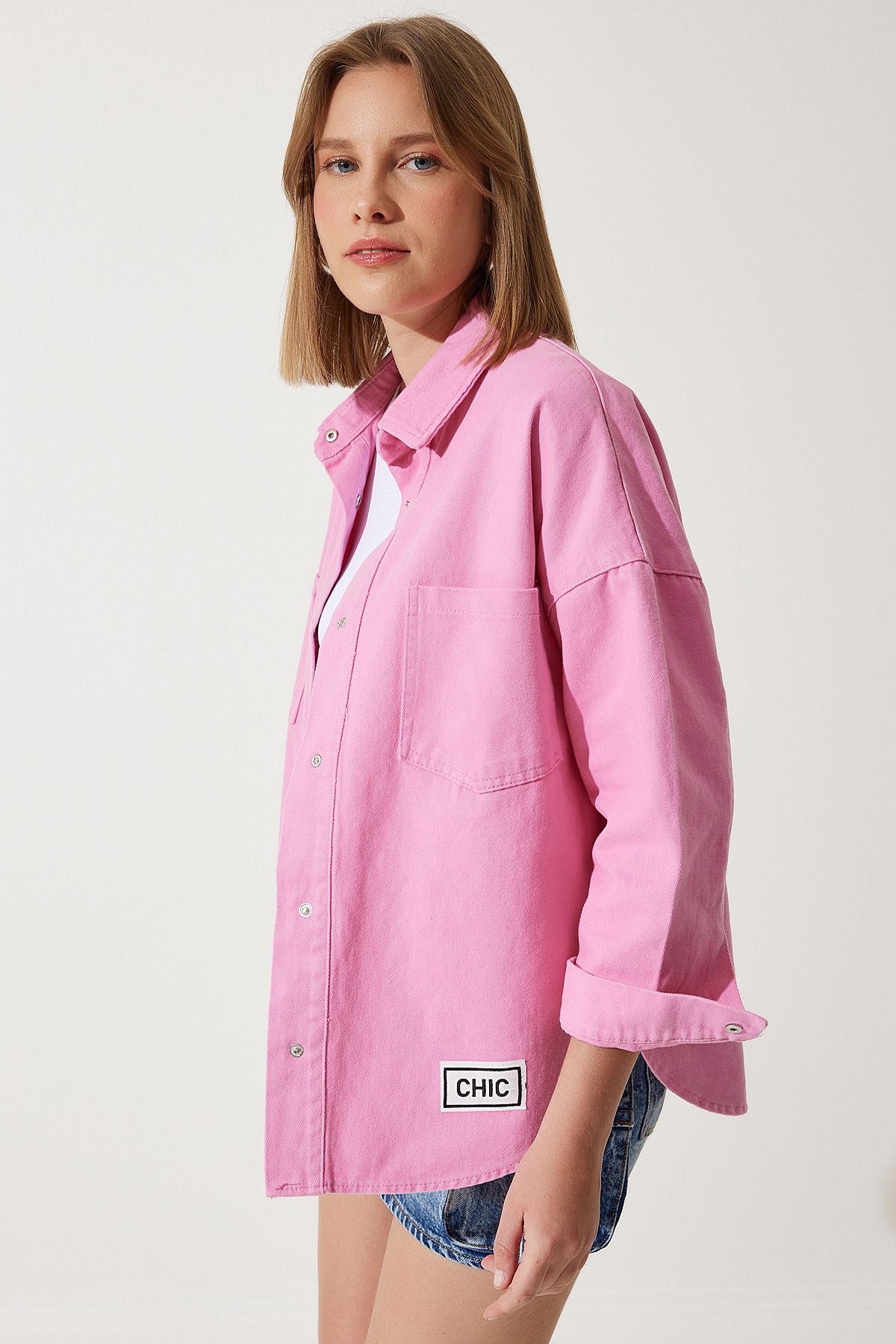 Kadın Pembe Cepli Oversize Gabardin Ceket RV00176 Kadın Pembe Cepli Oversize Gabardin Ceket RV00176