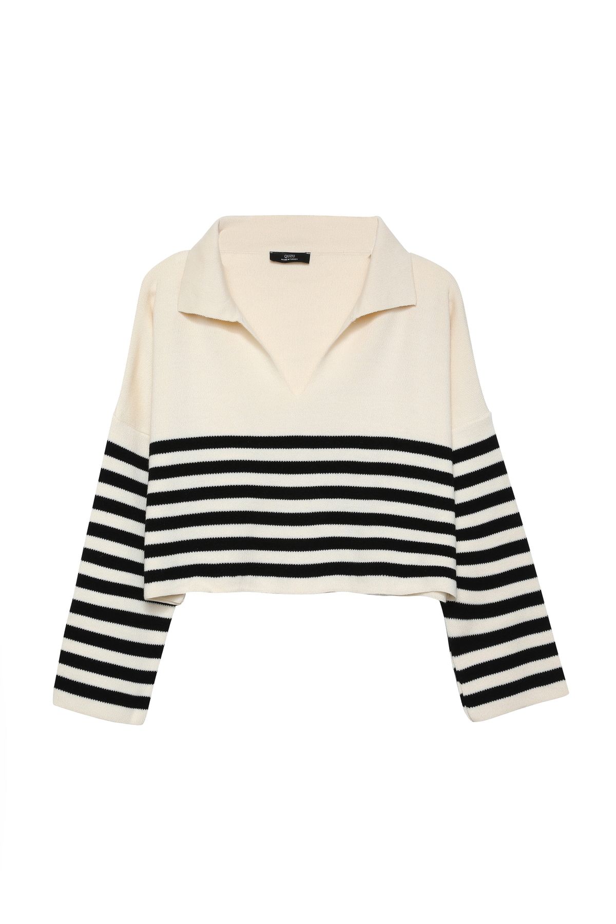 Polo Yaka Çizgili Crop Kazak Siyah Polo Yaka Çizgili Crop Kazak Siyah