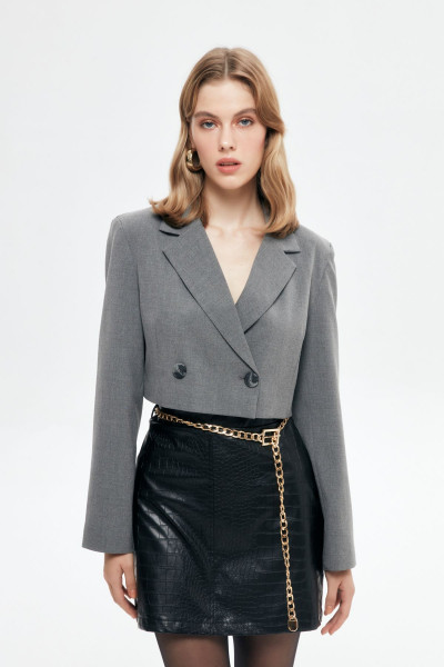Vatka Detaylı Crop Blazer Ceket Gri Vatka Detaylı Crop Blazer Ceket Gri