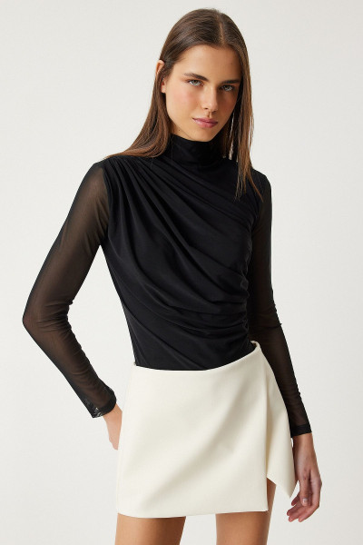 Şifon Kollu Dik Yaka Büzgülü Bluz Siyah Lff0002