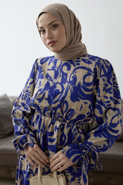 Kol Ucu Bağlamalı Desenli Etekli Takım - Saks Mavisi