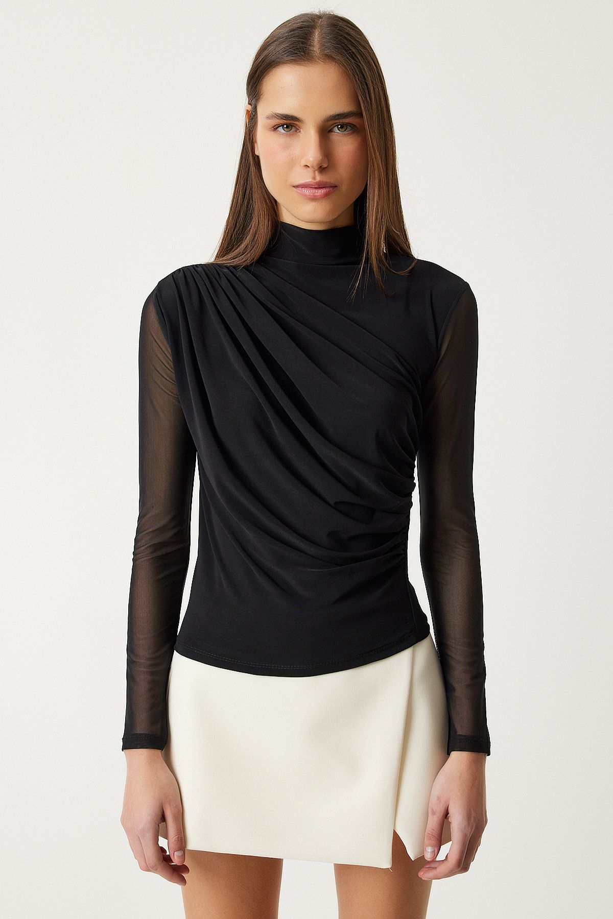 Şifon Kollu Dik Yaka Büzgülü Bluz Siyah Lff0002