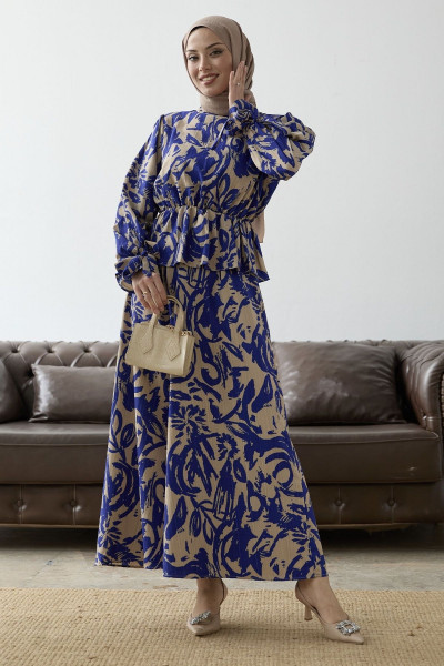Kol Ucu Bağlamalı Desenli Etekli Takım - Saks Mavisi