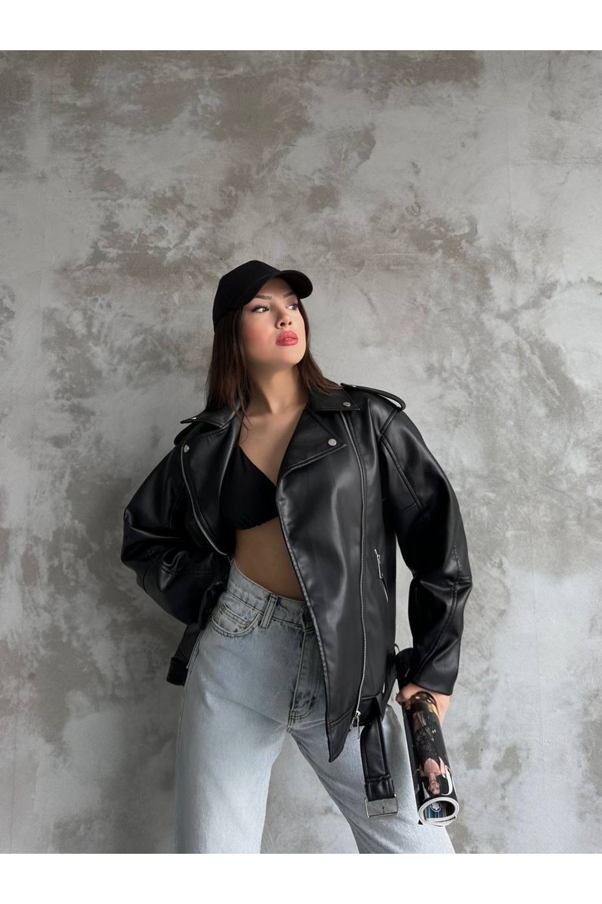 Siyah Oversize Deri Ceket Siyah Oversize Deri Ceket