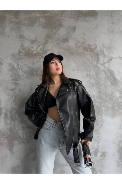 Siyah Oversize Deri Ceket Siyah Oversize Deri Ceket
