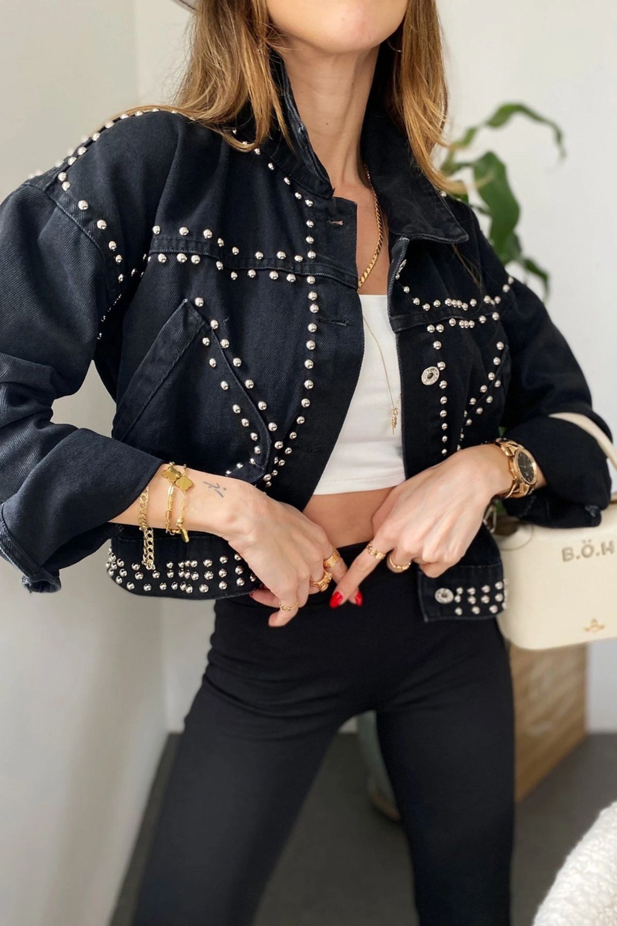 Tasarım Cep Ve Silver Zımba Detay Crop Jean Ceket