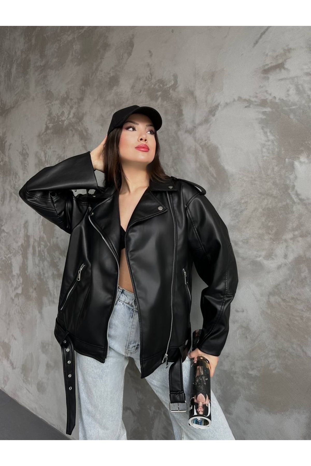 Siyah Oversize Deri Ceket Siyah Oversize Deri Ceket