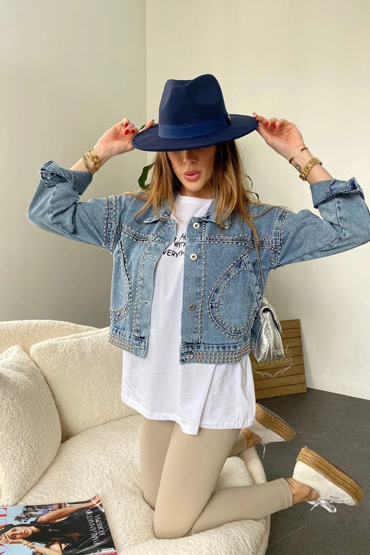 Tasarım Cep Ve Silver Zımba Detay Crop Jean Ceket