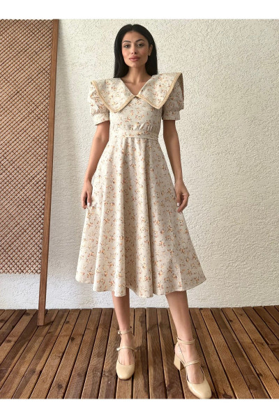Vintage Büyük Yakalı Krem-Kahve Çiçekli Kloş Elbise