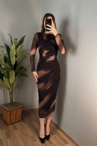 Kahve Kailey Tül Drape Detay Maxi Elbise