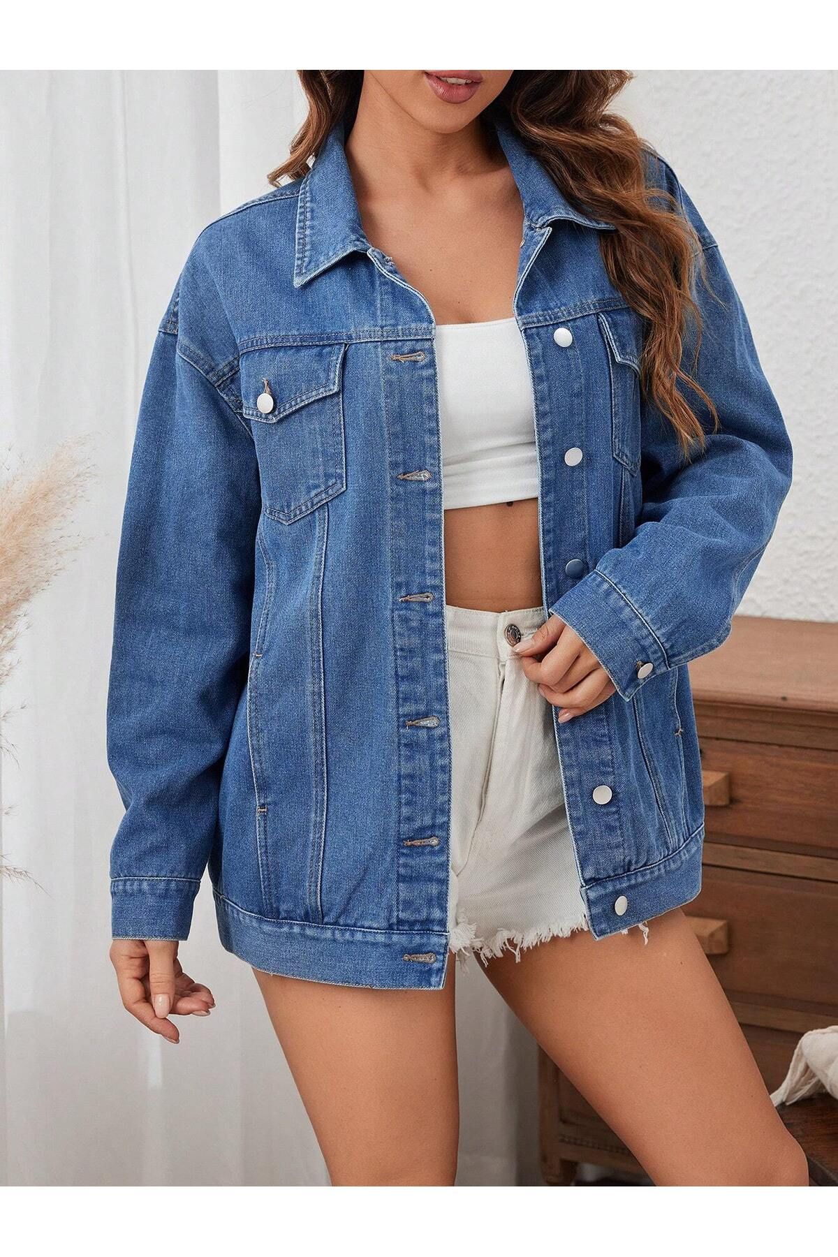Kadın Slim Fit Denim Kot Ceket Mavi Kadın Slim Fit Denim Kot Ceket Mavi