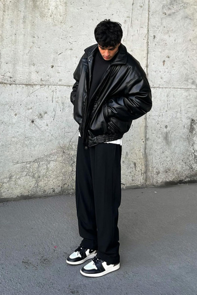 Vintage Oversize Siyah Deri Ceket